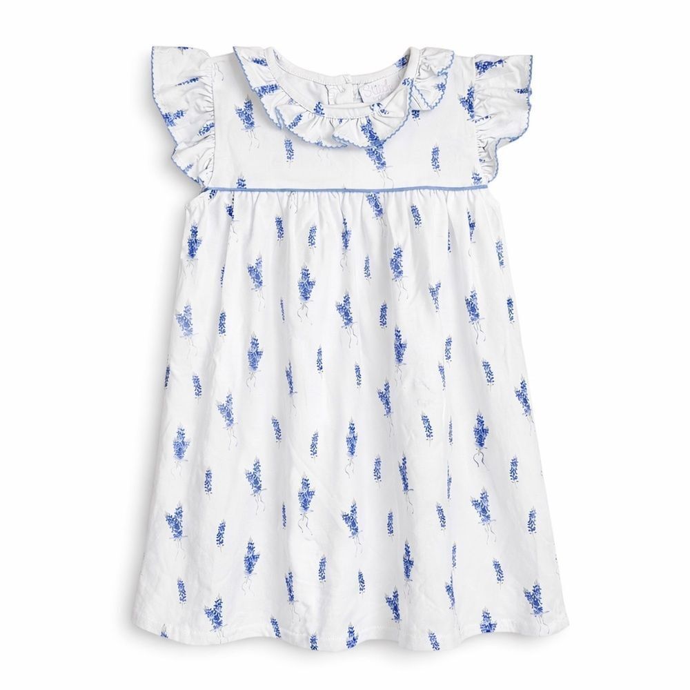 Stitchy Fish Blue Bonnet Floral Dress White Blue 3T Ruffle Collar Flutter Sleeve